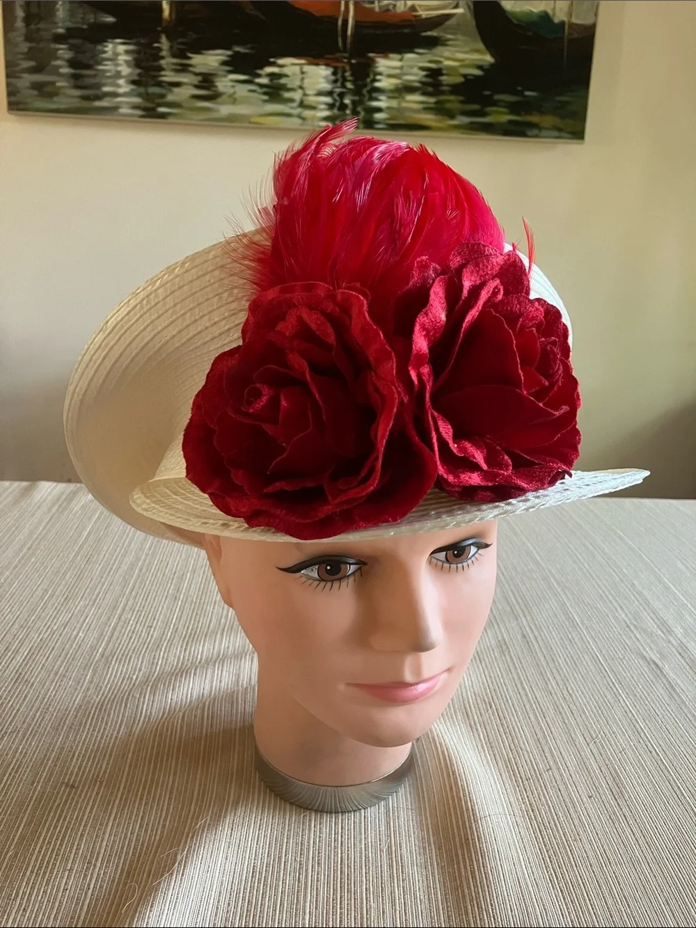 Ivory Satin Ribbon Hat with Red Floral & Feather Accent
